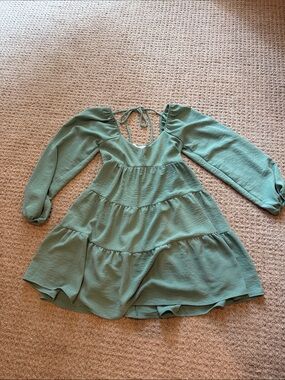 Altar'd State Sage Green Tiered Puff-Sleeve Dress